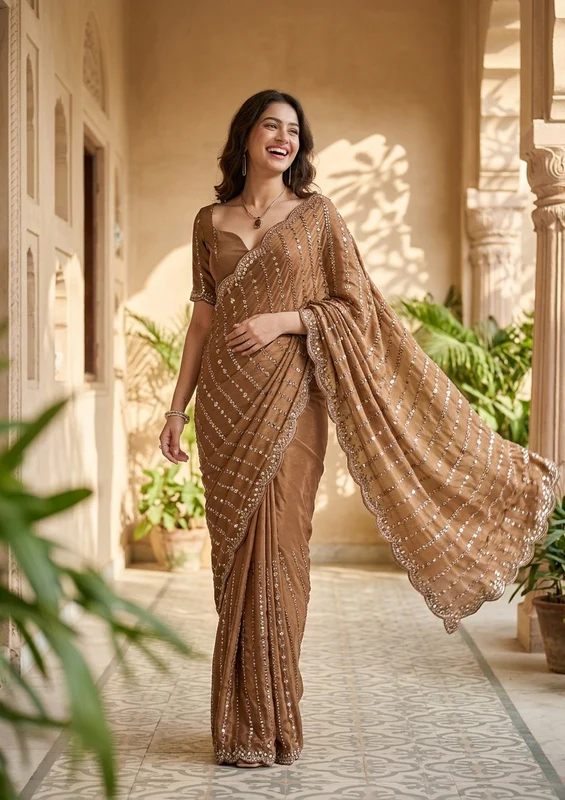Brown Cutdana Tissue Saree